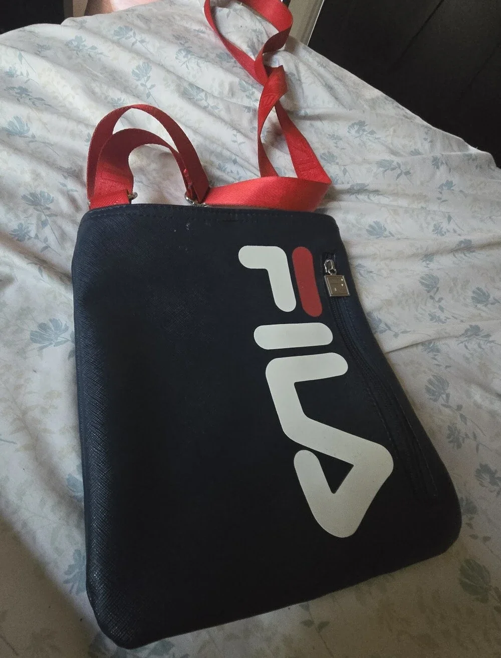 FILA Navy Crossbody Messenger Bag with Red Strap
